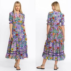 JOHNNY WAS Women's Daphne Floral Silk Midi Dress In Neutral Size M $598